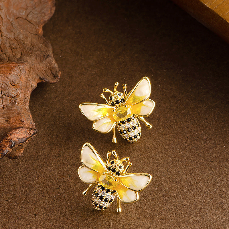 Bee Enamel Earrings With Rhinestones In Gold
