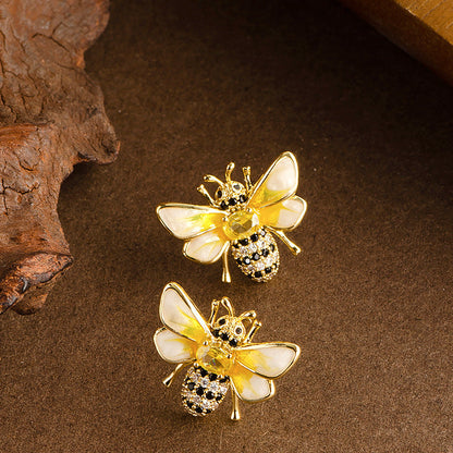 Bee Enamel Earrings With Rhinestones In Gold