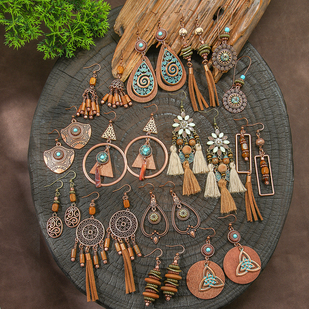 Geometric Alloy Earrings Stylish Bohemian Wood Dangle Earrings