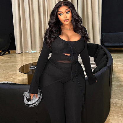 Casual Color Block Two-Piece Set With Mesh Long Sleeve Top And Pants
