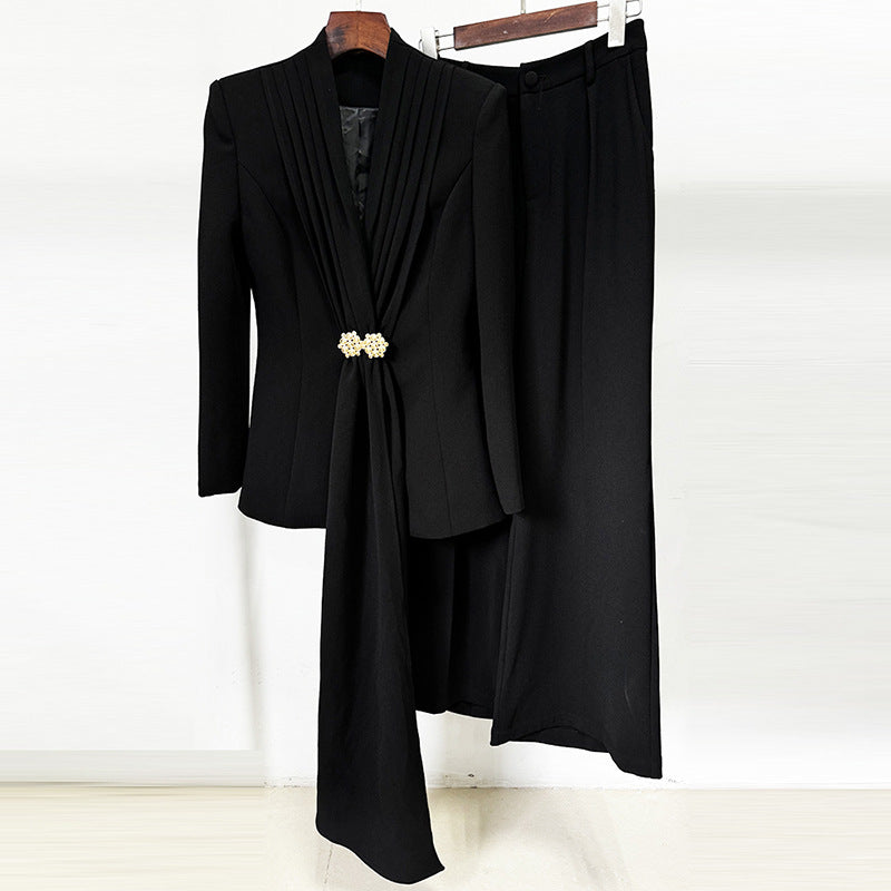 Stylish Pleated Collar Blazer And Straight Leg Pants Set