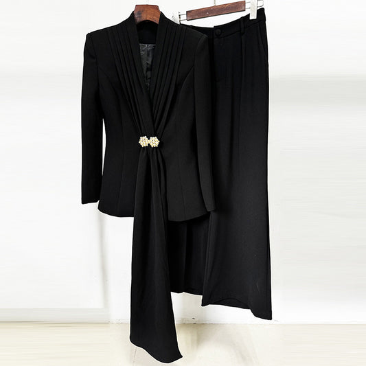 Stylish Pleated Collar Blazer And Straight Leg Pants Set