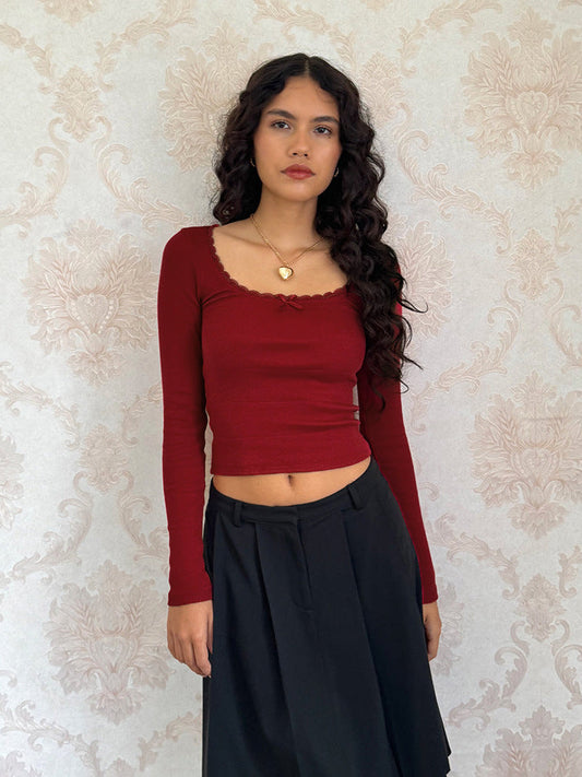 Women’s Long Sleeve Lace Trim U-Neck T-Shirt