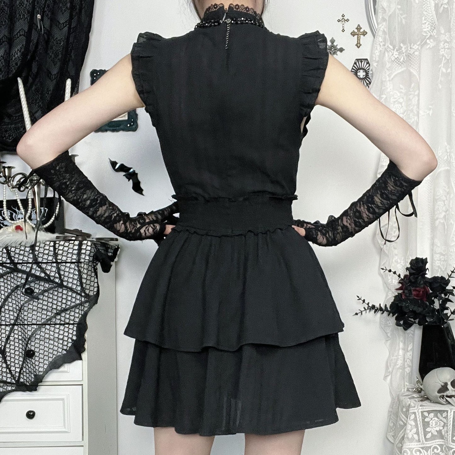 Gothic Style Black Cotton Sleeveless Maxi Dress