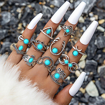 Bohemian Style Carved Feather Turquoise Ring Set