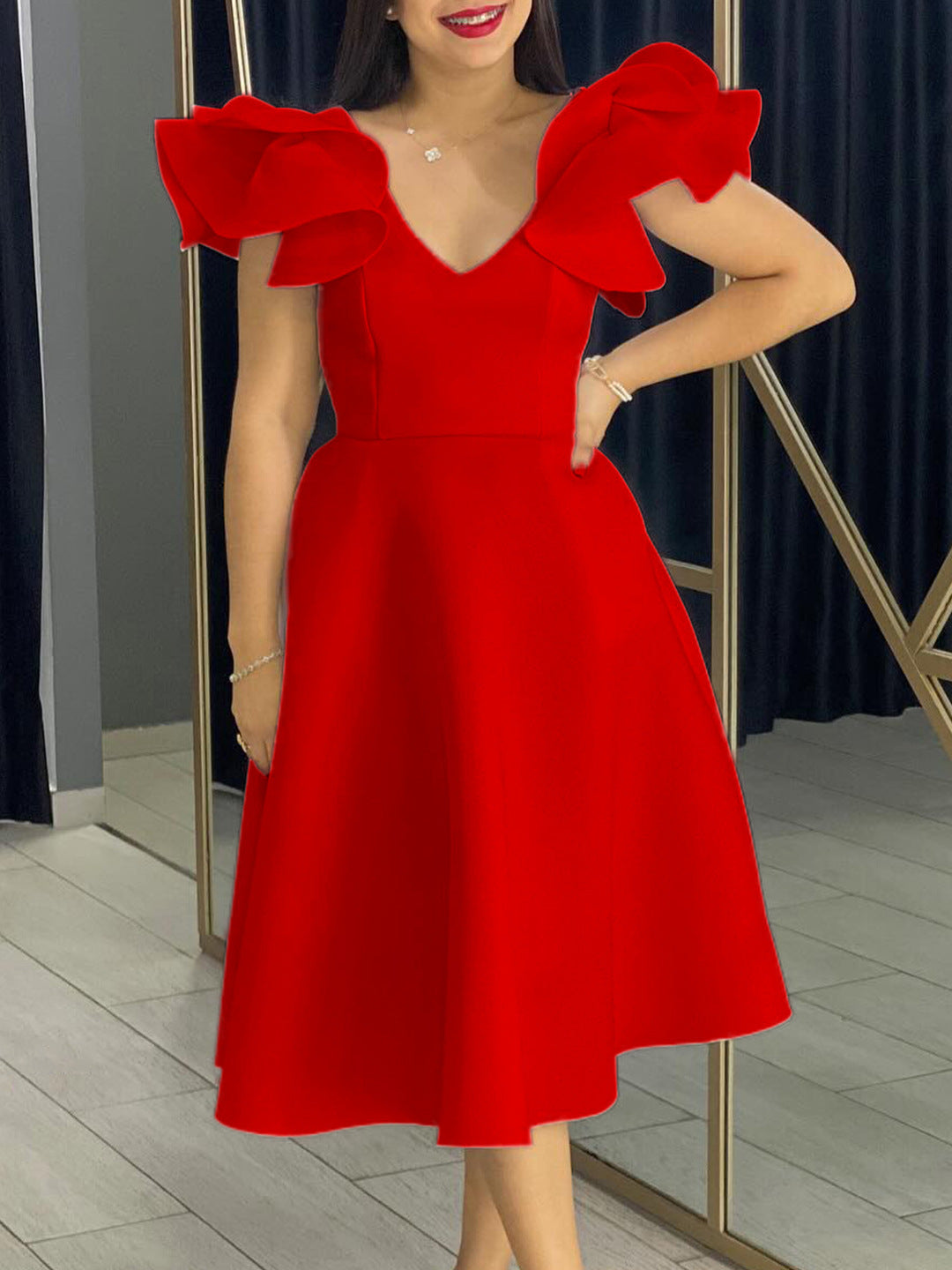 High-Waisted A-Line Dress With Ruffle Sleeves