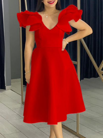 High-Waisted A-Line Dress With Ruffle Sleeves