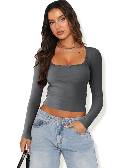 Women’s Long Sleeve Lace Trim U-Neck T-Shirt