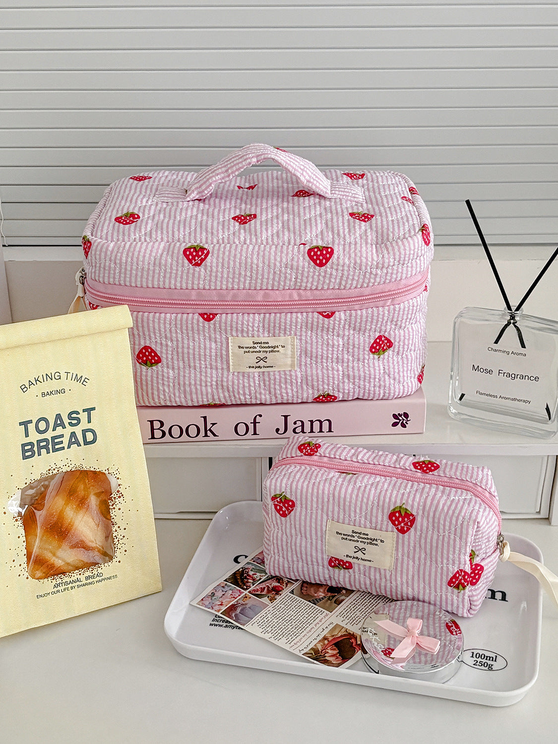 Strawberry Striped Pink Makeup Bag Quilted Large Capacity Portable Cosmetic Case