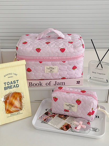 Strawberry Striped Pink Makeup Bag Quilted Large Capacity Portable Cosmetic Case