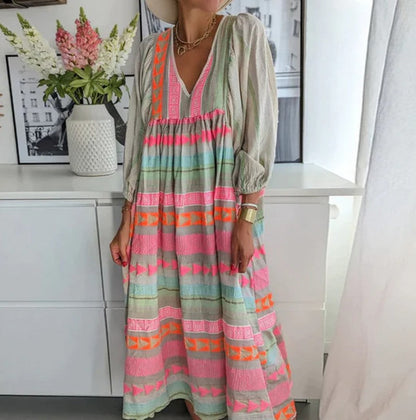 Geometric Block Bohemian Ruffle Patchwork Half-Sleeve Square-Neck Dress