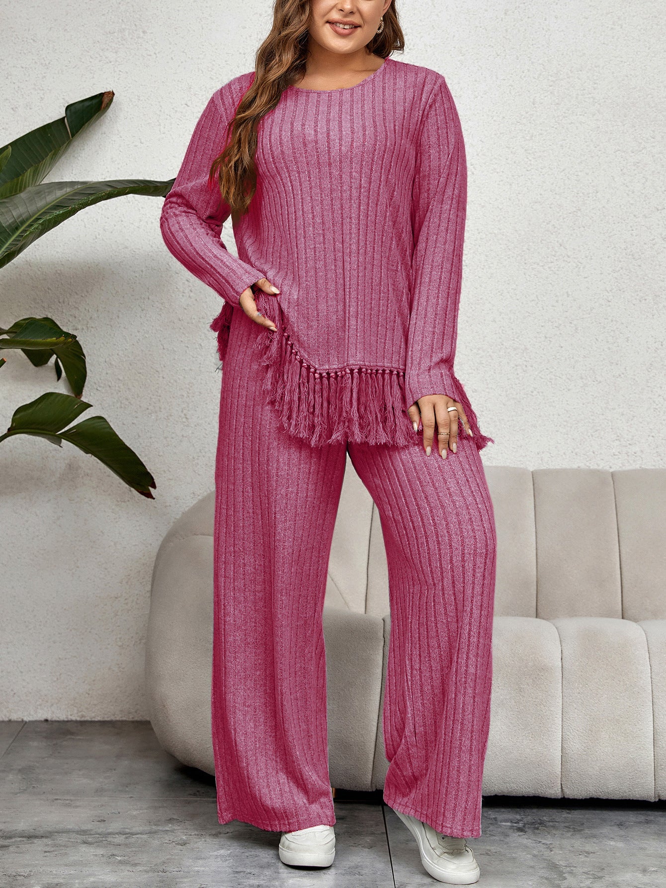 Casual Loose Long Sleeve Tassel Top And Wide Leg Pants Set