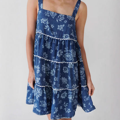 Backless A-Line Denim Dress with Pleats and Pockets
