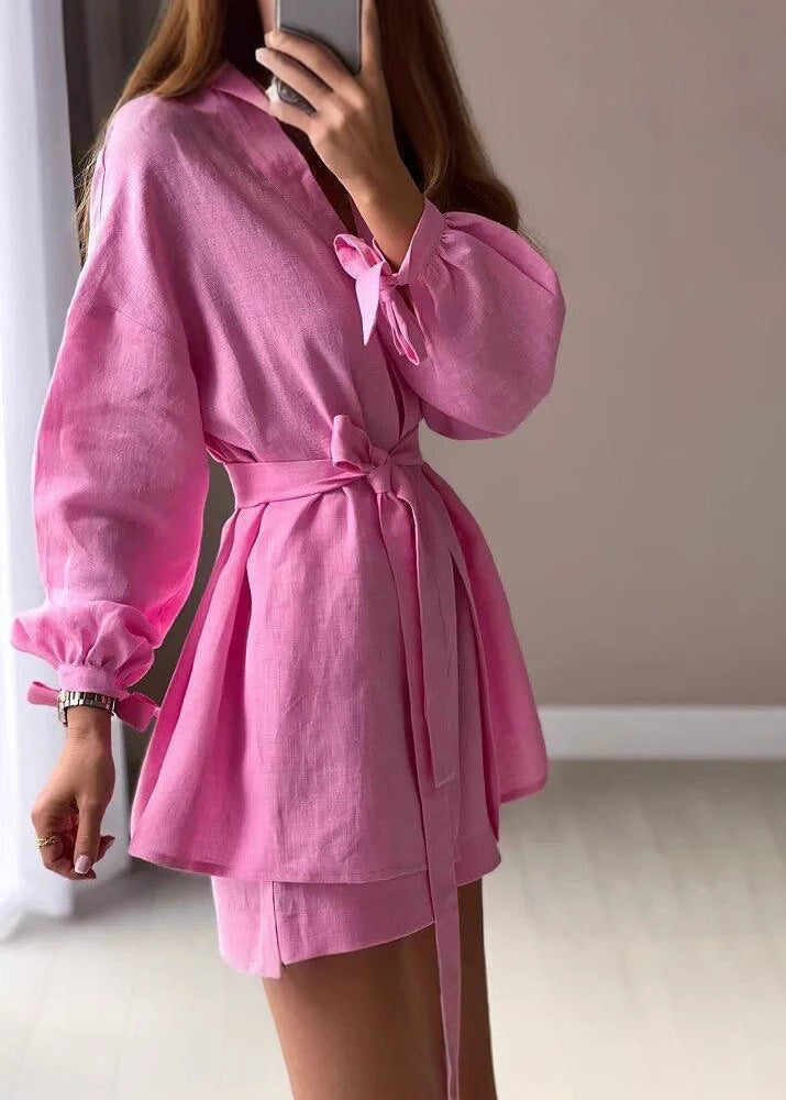 Linen Wrap Front Set With Belted Shirt And Shorts
