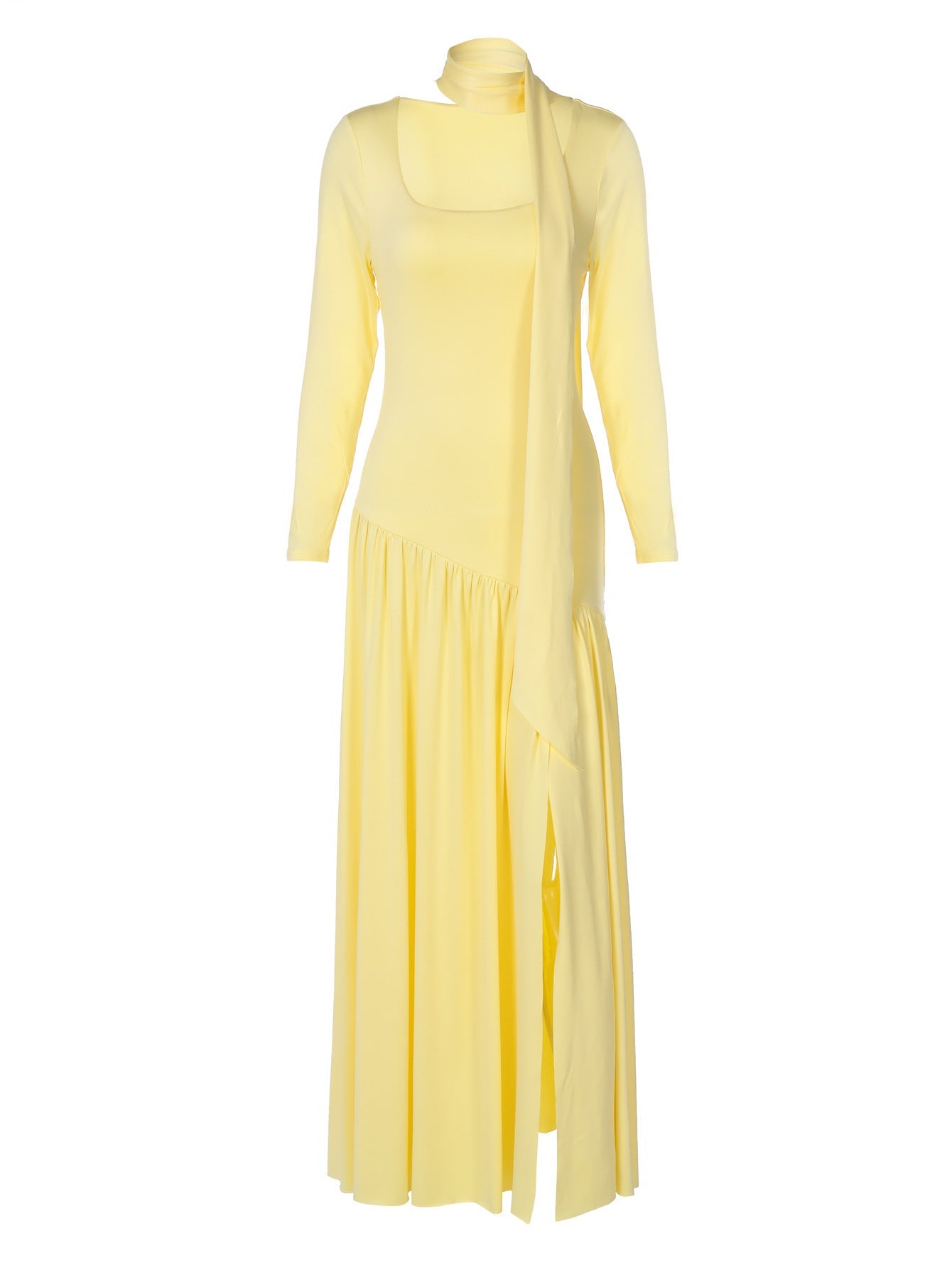 Elegant Color-Block U-Neck Long Sleeve Dress
