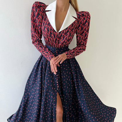 Color Block French Design A-Line Dress Elegant Floral Long Sleeve