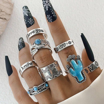 Bohemian Style Carved Feather Turquoise Ring Set