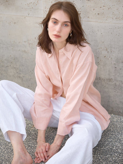 Pink Linen Relaxed Fit Long Sleeve Shirt for Elegant Casual Wear