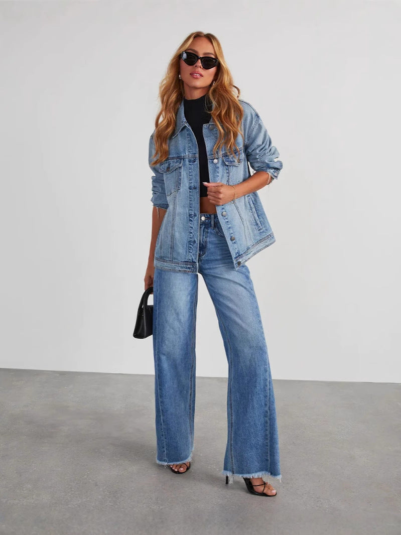 Loose-Fit Wide Leg Denim Pants with Contrast Stitching