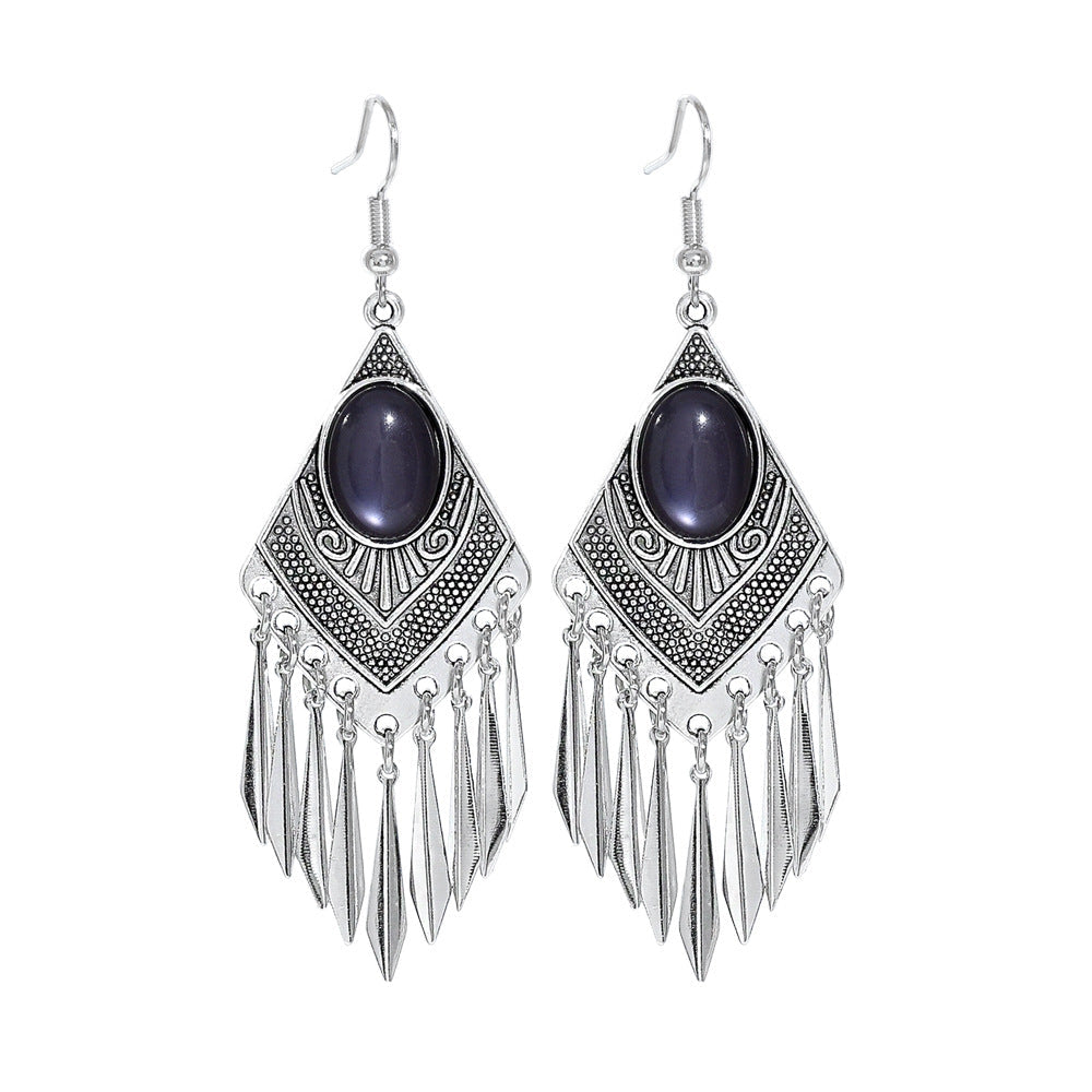 Diamond-Shaped Alloy Earrings with Turquoise Tassels for Women