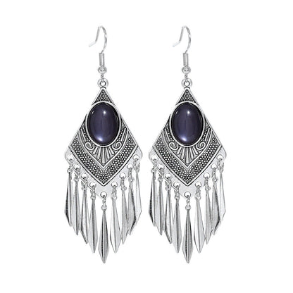 Diamond-Shaped Alloy Earrings with Turquoise Tassels for Women