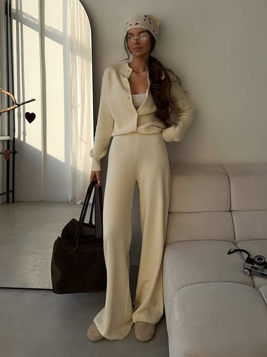 Casual Knit Cardigan Set with Long Pants