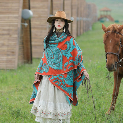 Tibetan Great Retro Totem Red Warm Outer Shawl Women'S Scarf Autumn And Winter Cloak Big Cloak