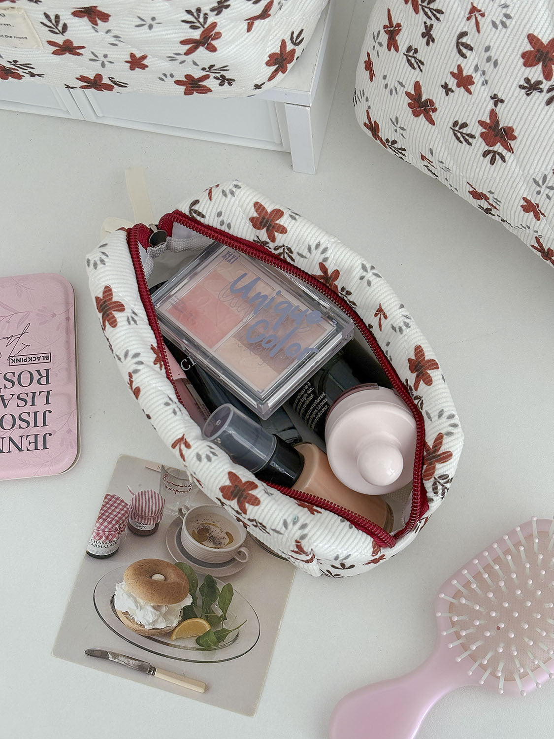 Orange Floral Corduroy Makeup Bag Spacious Outdoor Travel Toiletry Bag