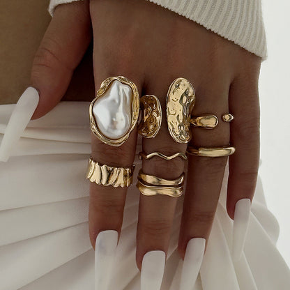 Flower-Decorated Pearl Ring Set Retro Baroque Geometric Rings