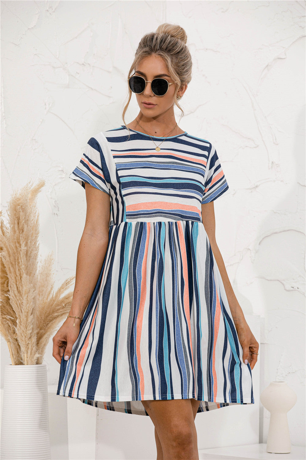Striped-Print Paneled Crew-Neck Dress