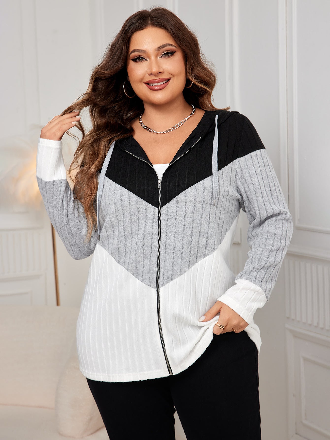 Color Block Loose Fit Cardigan Jacket for Women