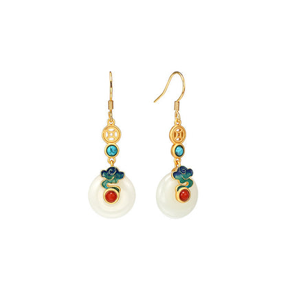 Ping An Buckle Temperament Earrings Long Retro Style Copper Coins Earrings