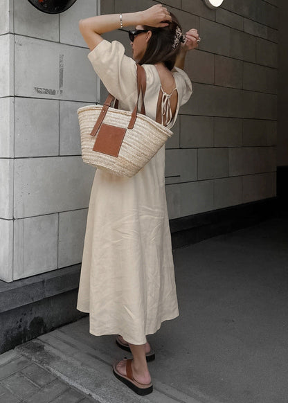 Linen Button Down Midi Dress With Puff Sleeves