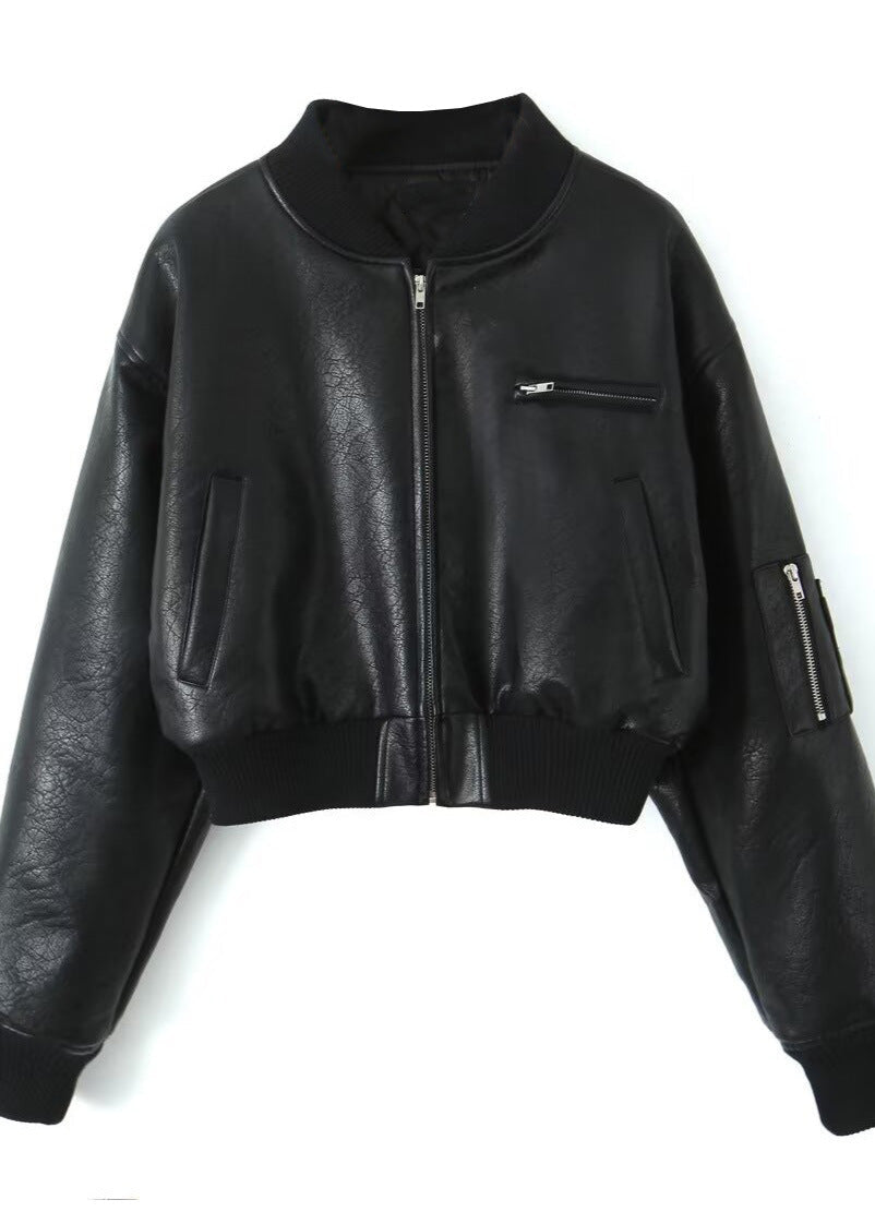 Cropped Faux Leather Bomber Jacket Black