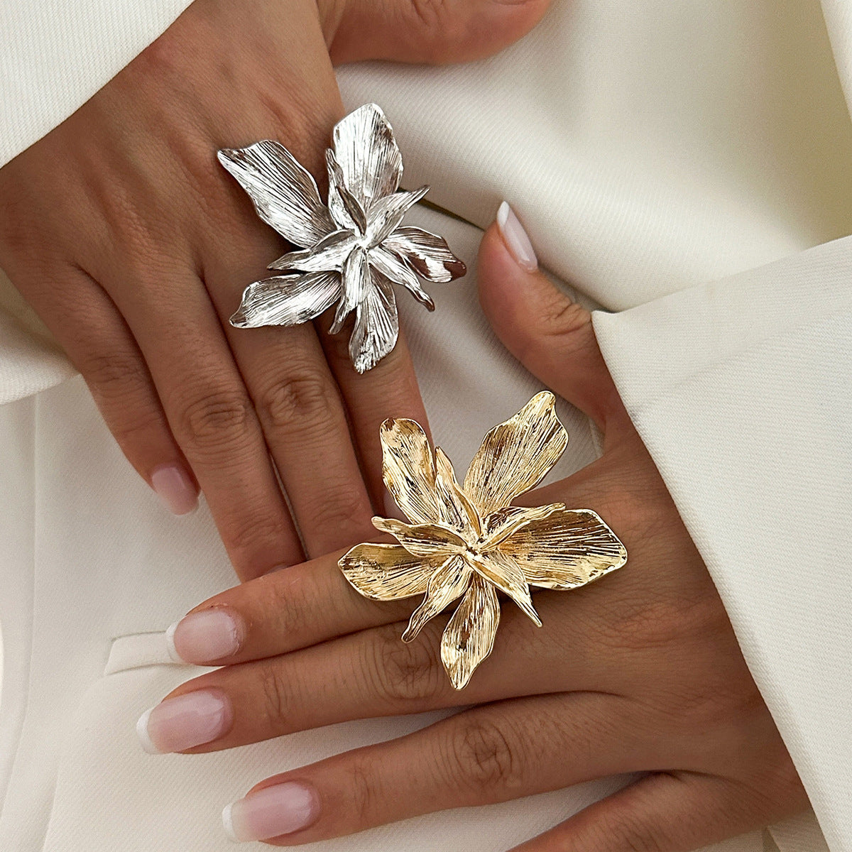 Five-Petal Flower Statement Ring Embellished Metal Wrap Ring