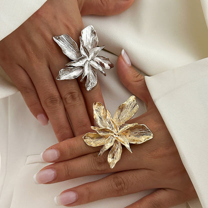 Five-Petal Flower Statement Ring Embellished Metal Wrap Ring