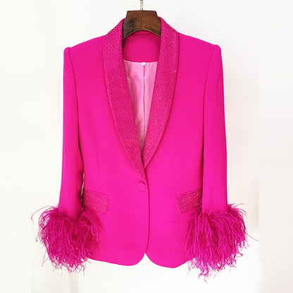Luxury Ostrich Feather Trimmed Blazer With Rhinestones
