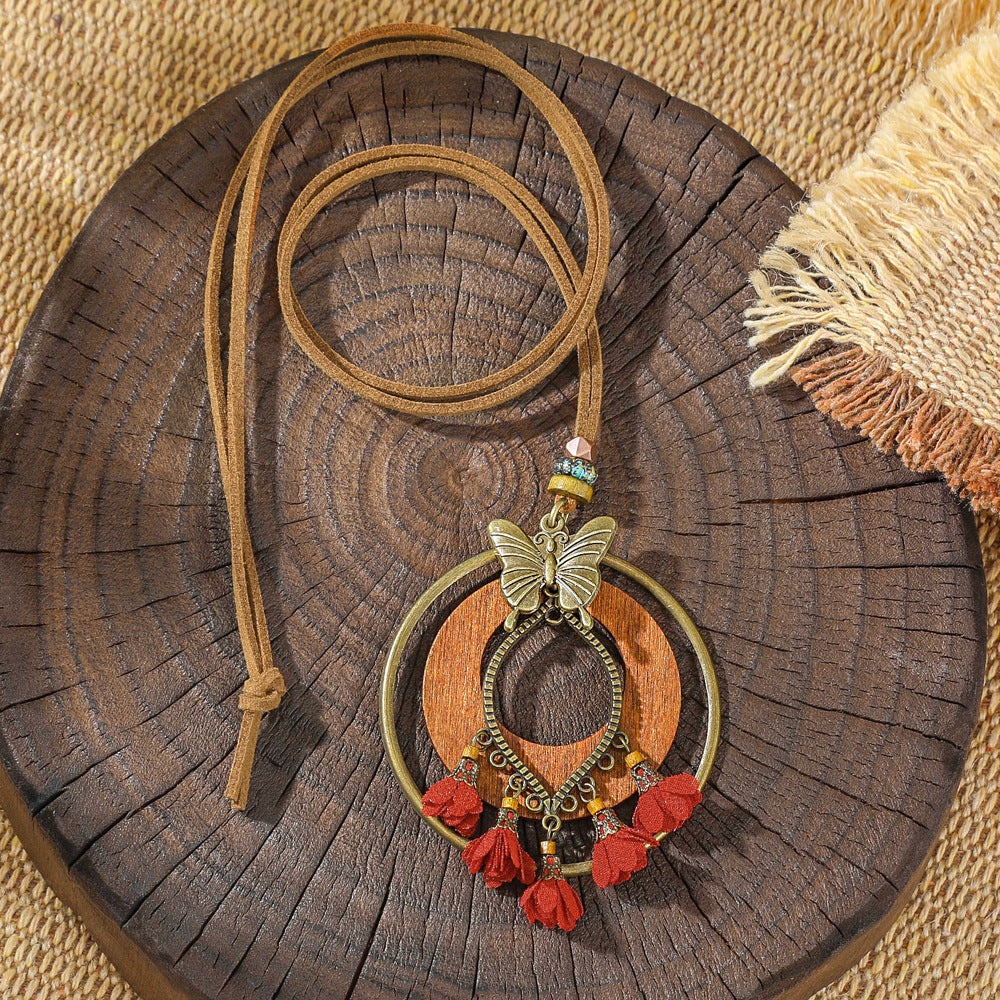Trendy Ethnic-Inspired Butterfly Flower Necklace With Tassels