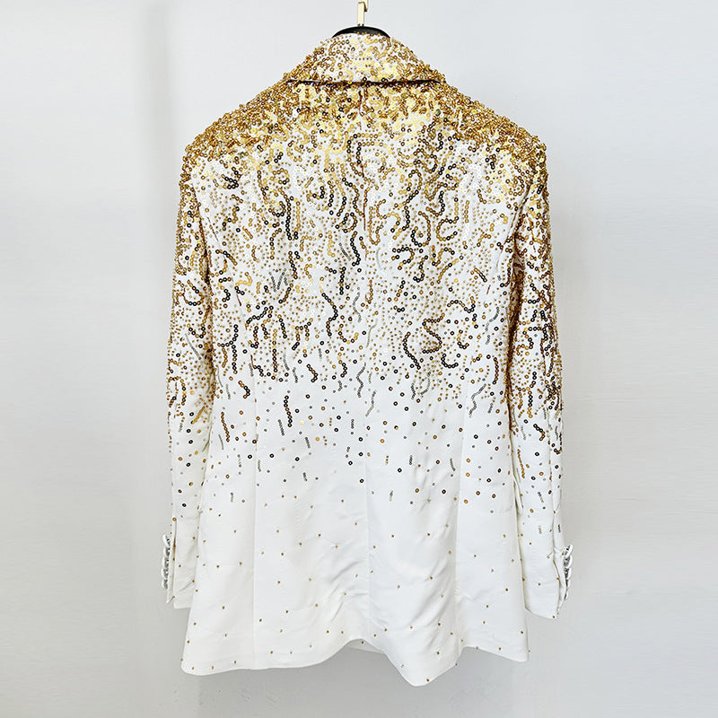 Double-Breasted Blazer Jacket with Sequins and Beading