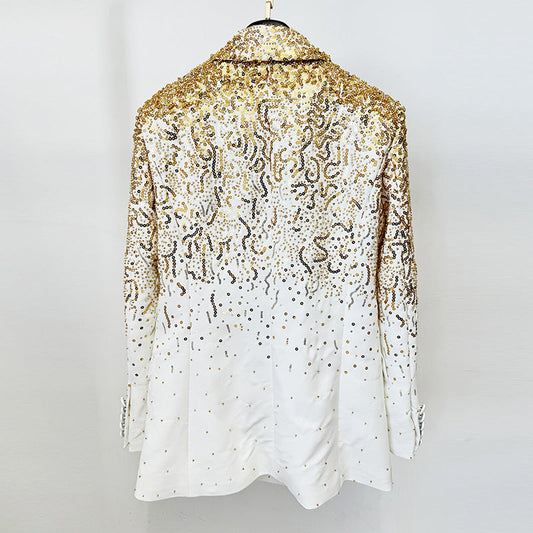 Double-Breasted Blazer Jacket with Sequins and Beading