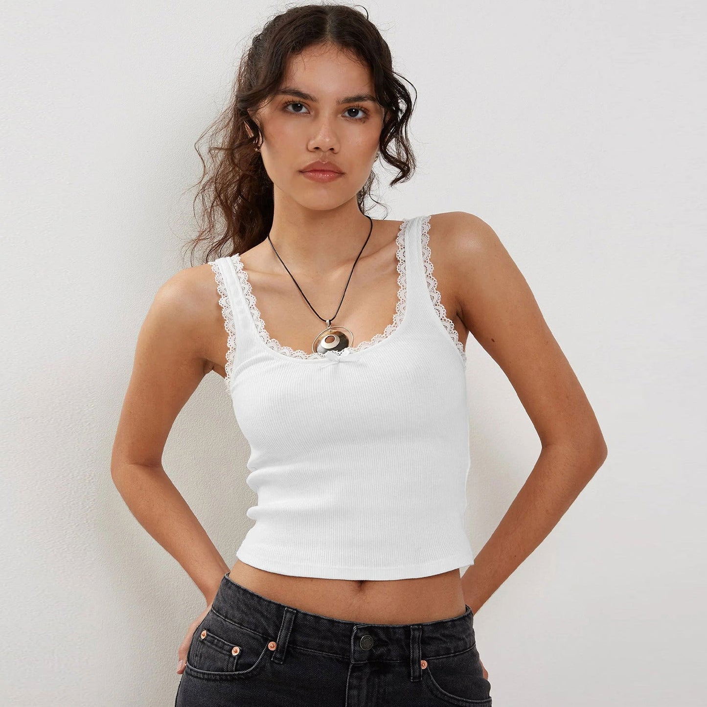 Stylish Lace Trim Knitted Crop Top