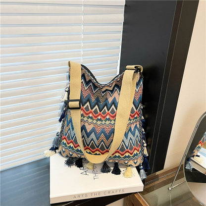 Boho Style Shoulder Bag with Fringe - Canvas Tote