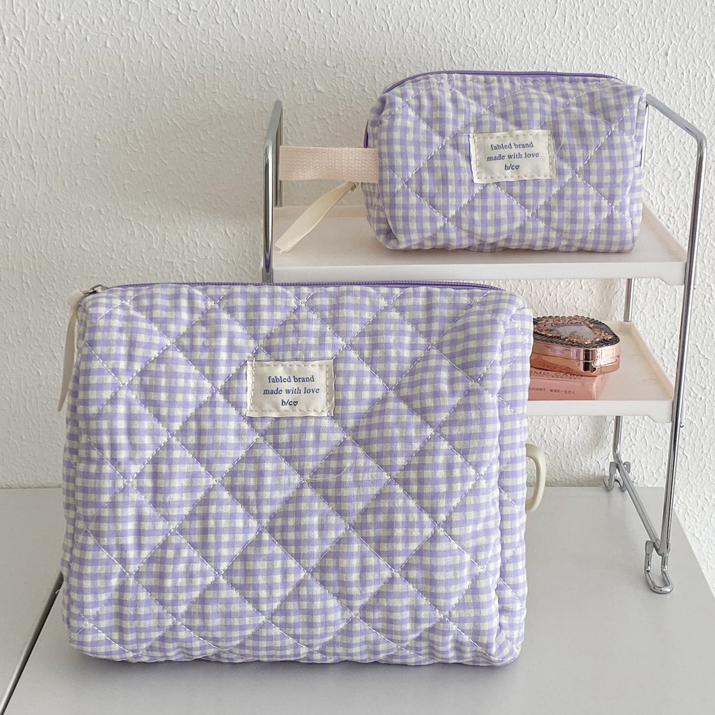 Berry Check Quilted Makeup Bag Large Capacity Cotton Cosmetic Organizer