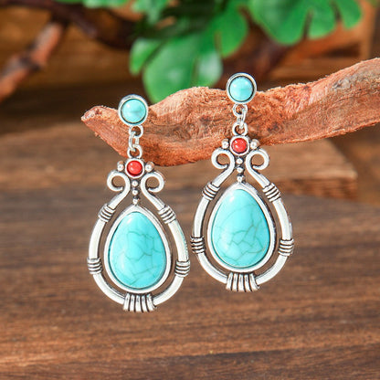 Bohemian Vintage Leaf Shaped Beaded Tassel Earrings with Turquoise