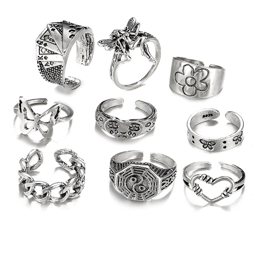 9-Piece Set Of Vintage Crying Face Rings, Playing Card Rings, Hollowed Out Love Rings, Daisy Rings, Alloy Chain Rings