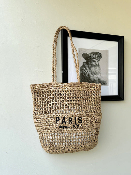 Letter Embroidery Straw Shoulder Bag Large Capacity Beach Tote