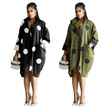 Digital Print Long Sleeve Shirt Dress With Pockets