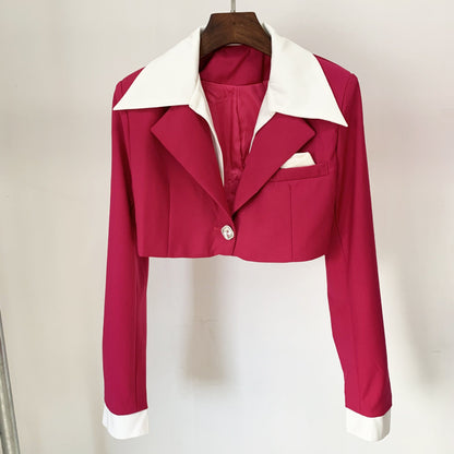Color Block Crop Blazer And Mini Skirt Set