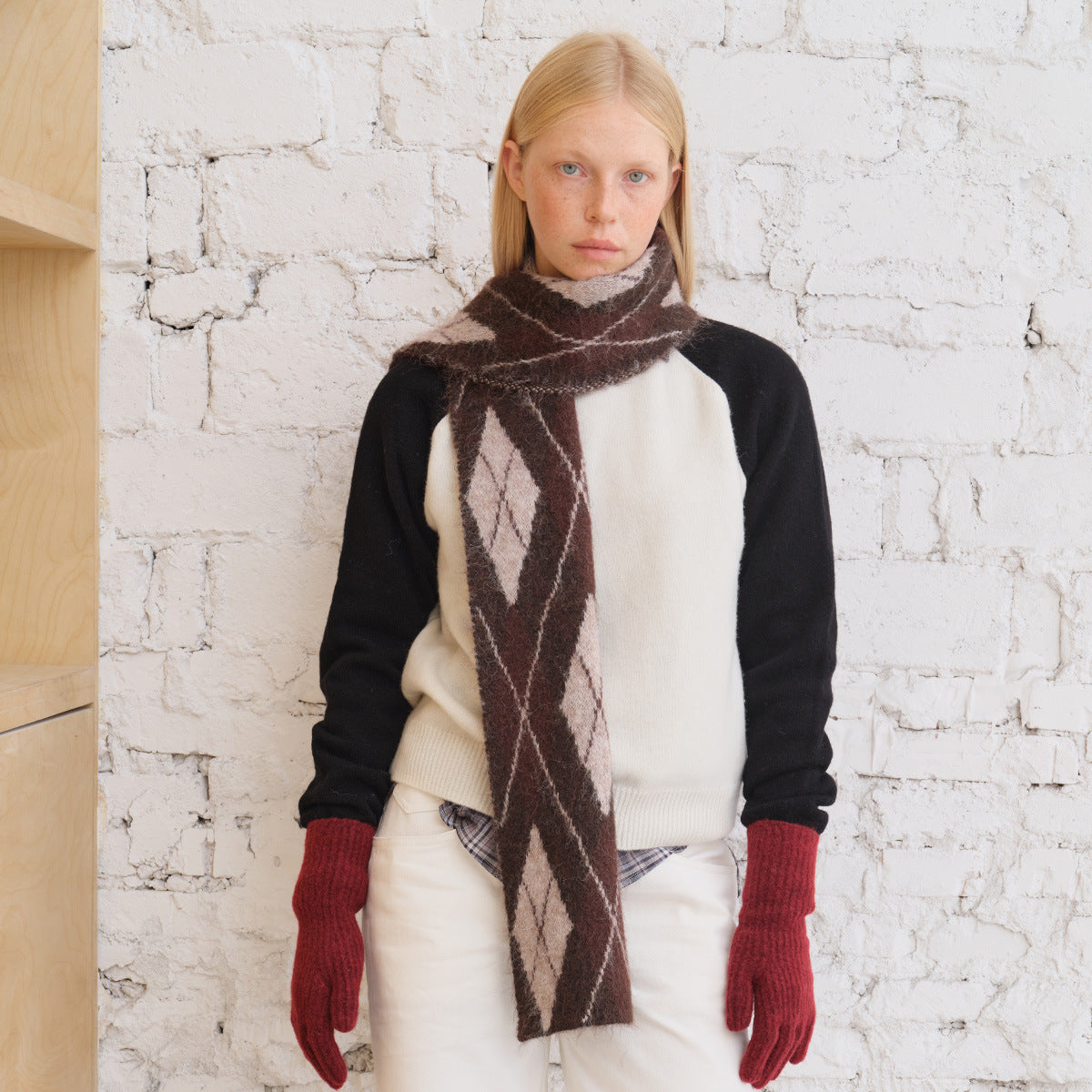 Wool Blend Geometric Knit Scarf Soft Winter Neck Warmer