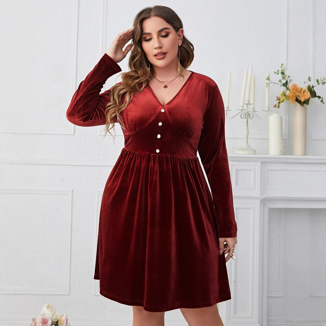 Deep Red V-Neck High-Waist Long Sleeve Midi Dress